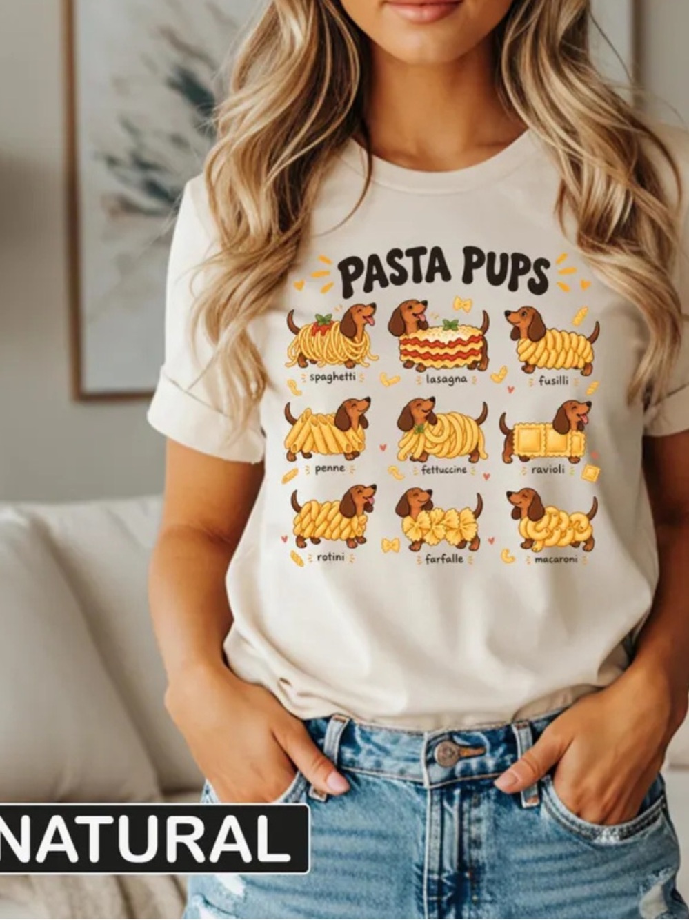 Gildan Pasta Pups Dog Graphic Tee, Funny Dachshund Spaghetti Shirt